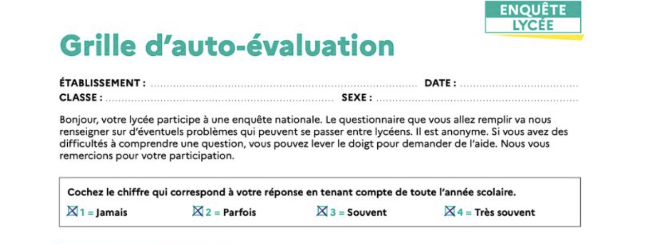 Questionnaire d'auto évaluation remis aux lycéens.